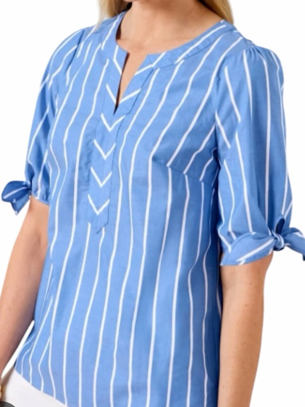 Talbots Blue with White Striped Cotton Short Tie Sleeve Top S